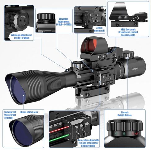 مجموعة نطاق بندقية 4-12/16x50EG مزدوجة مضيئة باللون الأحمر/الأخضر مع ليزر أخضر/أحمر 4 نماذج شبكاني ثلاثي الأبعاد بنقطة حمراء لتركيب السكك الحديدية in Kuwait