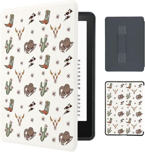 Western Cactus Cowboy Case for 7" Kindle Paperwhite(12Th Gen,2024)&Kindle Colorsoft Retro Country Cow Skull Cover with Hand Strap Soft Leather Case Compatible with Kindle Auto Sleep&Wake in Saudi Arabia