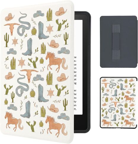 حافظة كاوبوي صبار غربي لجهاز Kindle Paperwhite مقاس 7 بوصات (الجيل الثاني عشر، 2024) وغطاء جمجمة Kindle Colorsoft Retro Country Cow مع حزام يد، حافظة جلدية ناعمة متوافقة مع Kindle Auto Sleep&Wake in Kuwait