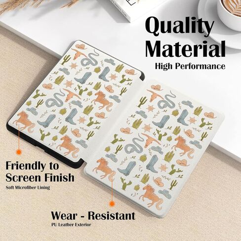 حافظة كاوبوي صبار غربي لجهاز Kindle Paperwhite مقاس 7 بوصات (الجيل الثاني عشر، 2024) وغطاء جمجمة Kindle Colorsoft Retro Country Cow مع حزام يد، حافظة جلدية ناعمة متوافقة مع Kindle Auto Sleep&Wake in Kuwait