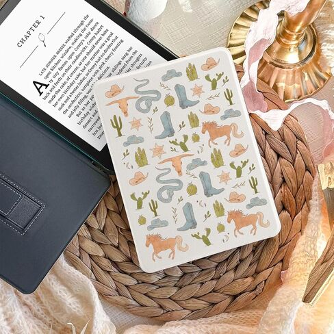 حافظة كاوبوي صبار غربي لجهاز Kindle Paperwhite مقاس 7 بوصات (الجيل الثاني عشر، 2024) وغطاء جمجمة Kindle Colorsoft Retro Country Cow مع حزام يد، حافظة جلدية ناعمة متوافقة مع Kindle Auto Sleep&Wake in Kuwait