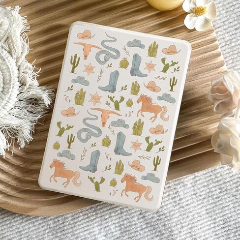 حافظة كاوبوي صبار غربي لجهاز Kindle Paperwhite مقاس 7 بوصات (الجيل الثاني عشر، 2024) وغطاء جمجمة Kindle Colorsoft Retro Country Cow مع حزام يد، حافظة جلدية ناعمة متوافقة مع Kindle Auto Sleep&Wake in Kuwait