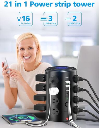 Tower Surge Protector Power Strip (16 AC Outlets + 5 USB Ports Including 2 Type-C), 6FT Extension Cord, 1800J Protector Charging Tower, Essential for Home/Office/Dorm in Saudi Arabia