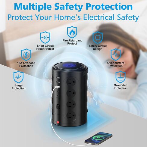 Tower Surge Protector Power Strip (16 AC Outlets + 5 USB Ports Including 2 Type-C), 6FT Extension Cord, 1800J Protector Charging Tower, Essential for Home/Office/Dorm in Saudi Arabia