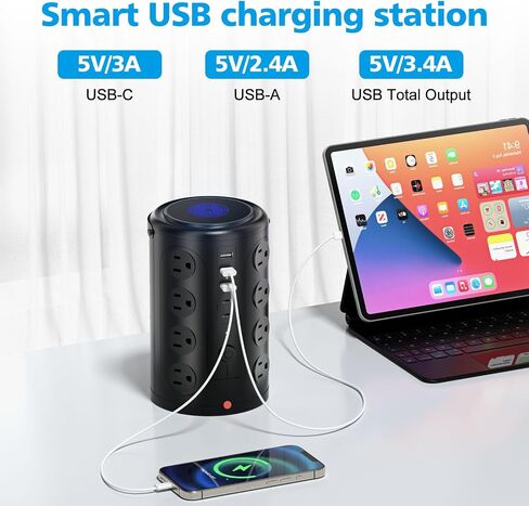 Tower Surge Protector Power Strip (16 AC Outlets + 5 USB Ports Including 2 Type-C), 6FT Extension Cord, 1800J Protector Charging Tower, Essential for Home/Office/Dorm in Saudi Arabia