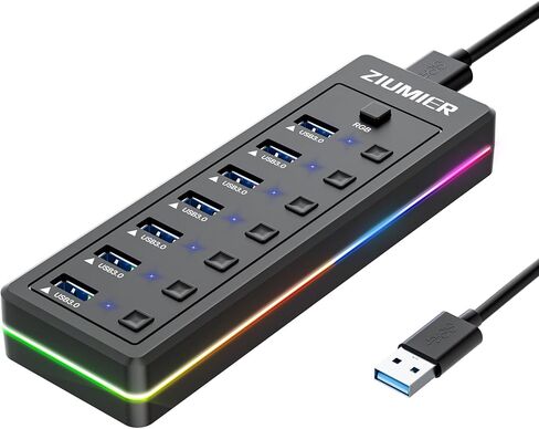 محور USB 7 منافذ، محور USB 3.0 مع شريط LED RGB - منافذ نقل بيانات USB 3.0، مفاتيح تشغيل/إيقاف LED فردية لأجهزة الكمبيوتر المحمول أو الكمبيوتر الشخصي أو الماوس أو لوحة المفاتيح أو القرص الصلب أو المزيد من أجهزة USB. in Kuwait