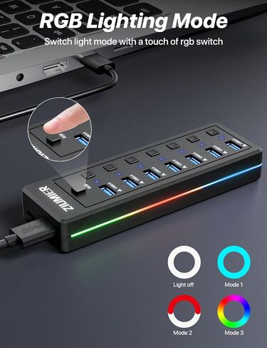 محور USB 7 منافذ، محور USB 3.0 مع شريط LED RGB - منافذ نقل بيانات USB 3.0، مفاتيح تشغيل/إيقاف LED فردية لأجهزة الكمبيوتر المحمول أو الكمبيوتر الشخصي أو الماوس أو لوحة المفاتيح أو القرص الصلب أو المزيد من أجهزة USB. in Kuwait