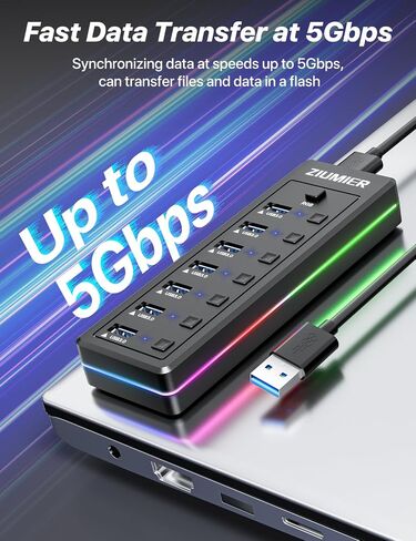 محور USB 7 منافذ، محور USB 3.0 مع شريط LED RGB - منافذ نقل بيانات USB 3.0، مفاتيح تشغيل/إيقاف LED فردية لأجهزة الكمبيوتر المحمول أو الكمبيوتر الشخصي أو الماوس أو لوحة المفاتيح أو القرص الصلب أو المزيد من أجهزة USB. in Kuwait
