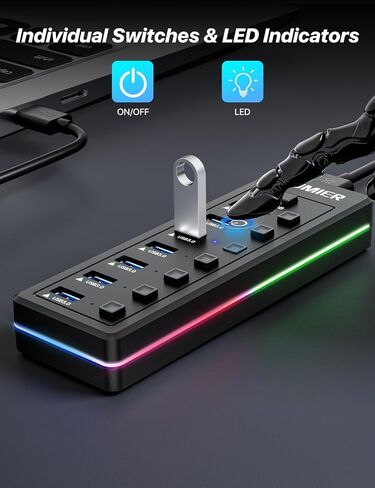 محور USB 7 منافذ، محور USB 3.0 مع شريط LED RGB - منافذ نقل بيانات USB 3.0، مفاتيح تشغيل/إيقاف LED فردية لأجهزة الكمبيوتر المحمول أو الكمبيوتر الشخصي أو الماوس أو لوحة المفاتيح أو القرص الصلب أو المزيد من أجهزة USB. in Kuwait