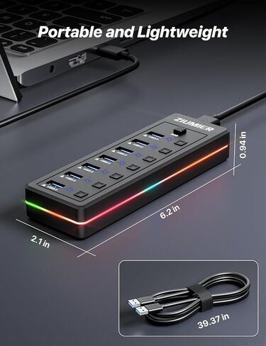 محور USB 7 منافذ، محور USB 3.0 مع شريط LED RGB - منافذ نقل بيانات USB 3.0، مفاتيح تشغيل/إيقاف LED فردية لأجهزة الكمبيوتر المحمول أو الكمبيوتر الشخصي أو الماوس أو لوحة المفاتيح أو القرص الصلب أو المزيد من أجهزة USB. in Kuwait
