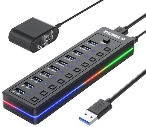 USB Hub 7 Port, USB 3.0 Hub with RGB LED Strip -USB 3.0 Data Transfer Ports,Individual LED On/Off Switches for Laptop, PC, Mouse, Keyboard, Hard Drive or More USB Devices. in Saudi Arabia