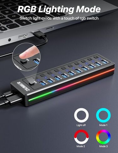 USB Hub 7 Port, USB 3.0 Hub with RGB LED Strip -USB 3.0 Data Transfer Ports,Individual LED On/Off Switches for Laptop, PC, Mouse, Keyboard, Hard Drive or More USB Devices. in Saudi Arabia