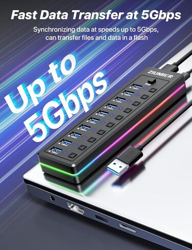 USB Hub 7 Port, USB 3.0 Hub with RGB LED Strip -USB 3.0 Data Transfer Ports,Individual LED On/Off Switches for Laptop, PC, Mouse, Keyboard, Hard Drive or More USB Devices. in Saudi Arabia