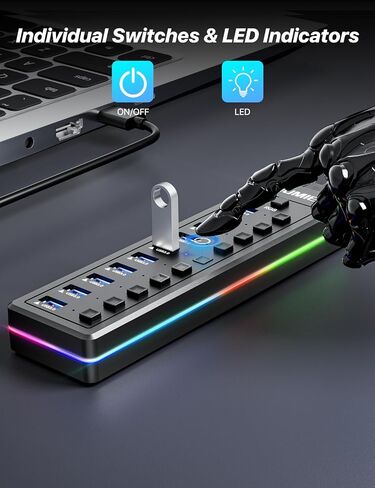 USB Hub 7 Port, USB 3.0 Hub with RGB LED Strip -USB 3.0 Data Transfer Ports,Individual LED On/Off Switches for Laptop, PC, Mouse, Keyboard, Hard Drive or More USB Devices. in Saudi Arabia