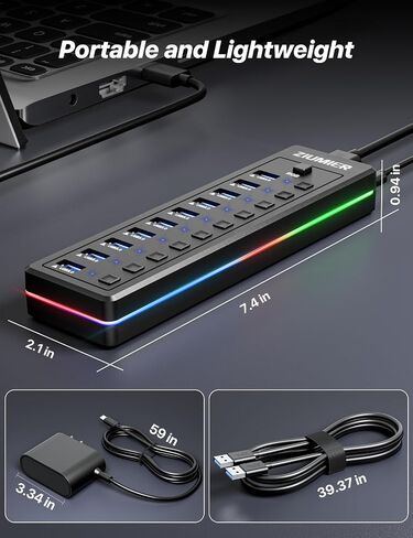 USB Hub 7 Port, USB 3.0 Hub with RGB LED Strip -USB 3.0 Data Transfer Ports,Individual LED On/Off Switches for Laptop, PC, Mouse, Keyboard, Hard Drive or More USB Devices. in Saudi Arabia