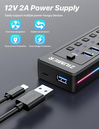 USB Hub 7 Port, USB 3.0 Hub with RGB LED Strip -USB 3.0 Data Transfer Ports,Individual LED On/Off Switches for Laptop, PC, Mouse, Keyboard, Hard Drive or More USB Devices. in Saudi Arabia