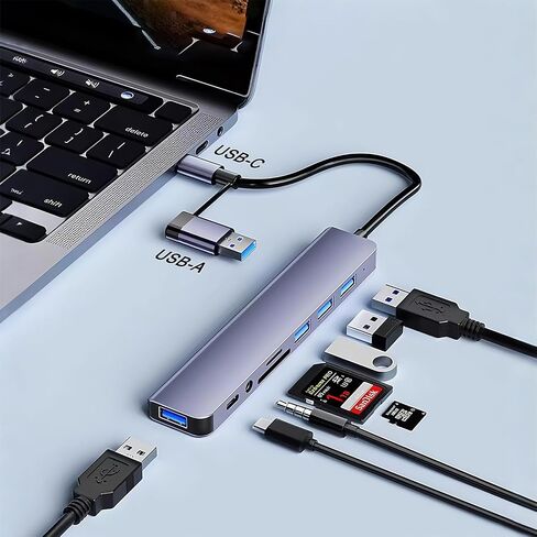 USB C Hub, 8-in-1 USB Splitter with 1 x USB 3.0, 3 x USB 2.0 and 1 x USB C, SD/TF Card Reader, 3.5mm Aux Ports for MacBook Pro Air and More PC/Laptop/Tablet Devices in Saudi Arabia