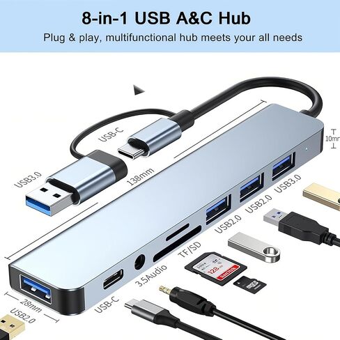 USB C Hub, 8-in-1 USB Splitter with 1 x USB 3.0, 3 x USB 2.0 and 1 x USB C, SD/TF Card Reader, 3.5mm Aux Ports for MacBook Pro Air and More PC/Laptop/Tablet Devices in Saudi Arabia