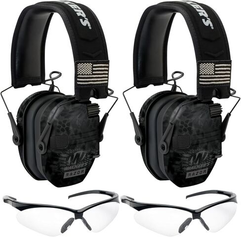 مجموعة ميكروفون Walker's Razor Patriot Series Hi-Gain متعدد الاتجاهات ونطاق قابل للتعديل لإطلاق النار والصيد وحماية السمع من أغطية الأذن الإلكترونية (Kryptek Camo) مع نظارات واقية (عبوتان) in Saudi Arabia