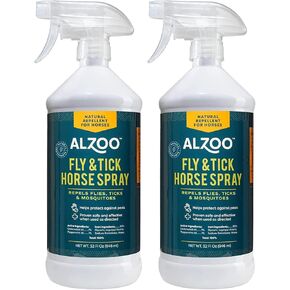 ALZOO Fly and Tick Horse Spray، يطرد البعوض وذباب الخيل والقراد، مكونات نشطة نباتية 100%، 32 أونصة سائلة. أوز. زجاجة رذاذ in Kuwait
