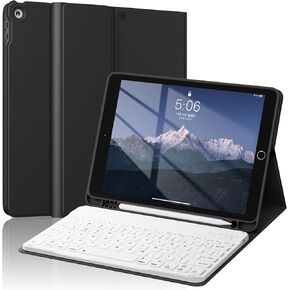 حافظة لجهاز iPad الجيل التاسع/الثامن/السابع مع لوحة مفاتيح مقاس 10.2 بوصة 2021/2020/2019، لوحة مفاتيح قابلة للفصل بإضاءة خلفية بـ 7 ألوان، غطاء حامل خلفي ناعم من مادة TPU مع فتحات قلم رصاص، أبيض in Kuwait