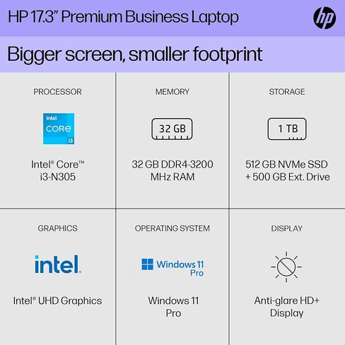 كمبيوتر محمول HP 17 Business، كمبيوتر محمول عالي الدقة مقاس 17.3 بوصة، MS Office 2024 مدى الحياة، Copilot AI، وحدة معالجة مركزية Intel i3 ثمانية النواة، ذاكرة وصول عشوائي 16 جيجابايت، تخزين 1 تيرابايت (500 جيجابايت SSD + 500 جيجابايت تحويلة)، Wi-Fi 6، Hub in Kuwait