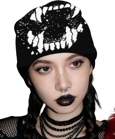 AMPOSSTO Unisex Y2K Knitted Beanie Hat Gothic Tooth Skull Cap Winter Warm Hat for Women Men Halloween in Saudi Arabia