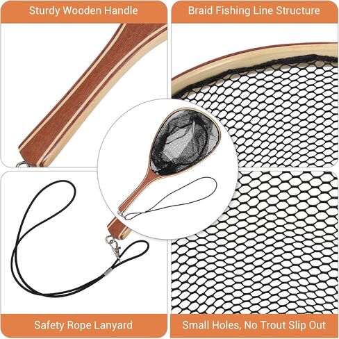 Fly Fishing Net for Trout with Wooden Handle & Fine Mesh - Catch and Release Landing Net for River, Stream, Lake Fishing - Ideal Gift for Fishing Enthusiasts (Black) in Saudi Arabia