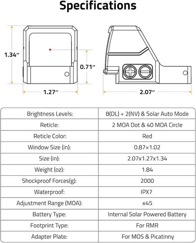 CVLIFE WildHawk Solar Auto Brightness Red Dot Sight for RMR, 2MOA Dot & 40MOA Circle Large Lens Open Reflex Optics, Motion Awake Red Dot Scope with Adapter for MOS & 21mm Picatinny Absolute Co-witness in Saudi Arabia