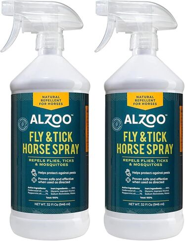 ALZOO Fly and Tick Horse Spray، يطرد البعوض وذباب الخيل والقراد، مكونات نشطة نباتية 100%، 32 أونصة سائلة. أوز. زجاجة رذاذ in Kuwait