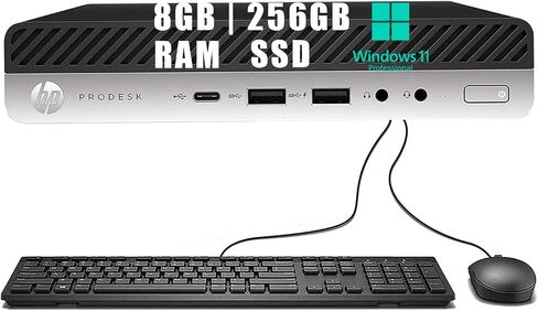 كمبيوتر مكتبي صغير HP ProDesk 600 G4، Intel Core i5-8500T حتى 3.5 جيجاهرتز، ذاكرة وصول عشوائي 8 جيجابايت 256 جيجابايت SSD، نوع C، لوحة مفاتيح وماوس، 2 منفذ عرض، Windows 11 Pro (متجدد) in Saudi Arabia