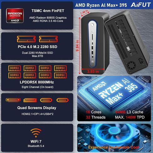 كمبيوتر صغير AI | AMD Ryzen AI Max+ 395 (5.1 جيجا هرتز) | 128 جيجا بايت LPDDR5X 8000 ميجا هرتز | 2 تيرابايت PCIe 4.0 SSD | شاشة رباعية 8K | WiFi 7 | USB4 | تبريد ثلاثي RGB | وضع أداء 140 وات | الألعاب|تدريب الذكاء الاصطناعي|العرض ثلاثي الأبعاد in Saudi Arabia