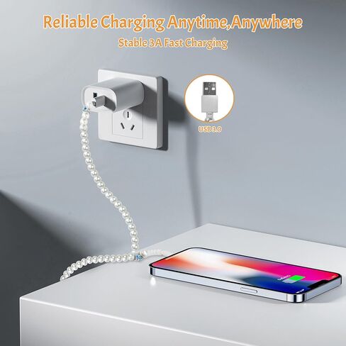 لشاحن iPhone 66W 3.0A سلك شاحن هاتف شحن سريع 3.3 قدم/1 متر جميل لطيف أبيض خرز اللؤلؤ كابل الرصاص USB A إلى كابل iPhone لهاتف i Phone 14/13/12/11 Pro Max/XS MAX/XR/XS/X/8/iPad in Saudi Arabia