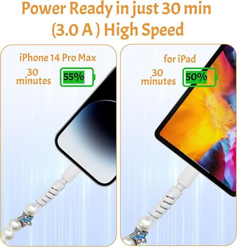 لشاحن iPhone 66W 3.0A سلك شاحن هاتف شحن سريع 3.3 قدم/1 متر جميل لطيف أبيض خرز اللؤلؤ كابل الرصاص USB A إلى كابل iPhone لهاتف i Phone 14/13/12/11 Pro Max/XS MAX/XR/XS/X/8/iPad in Saudi Arabia