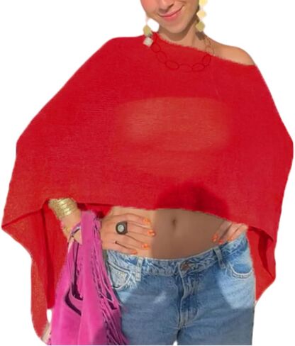 Women Sheer Poncho Top Lightweight Knit Crochet Shrug Bolero Mesh Batwing Sleeve Sweater Cover Up Beachwear in Saudi Arabia