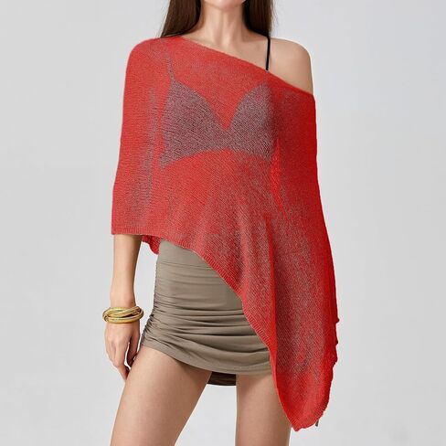 Women Sheer Poncho Top Lightweight Knit Crochet Shrug Bolero Mesh Batwing Sleeve Sweater Cover Up Beachwear in Saudi Arabia