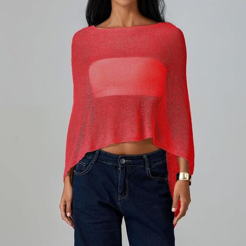 Women Sheer Poncho Top Lightweight Knit Crochet Shrug Bolero Mesh Batwing Sleeve Sweater Cover Up Beachwear in Saudi Arabia