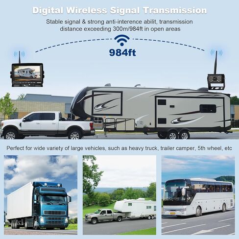 نظام النسخ الاحتياطي RV اللاسلكي ذو 3 كاميرات، كاميرا احتياطية RV لاسلكية مع شاشة HD 7 بوصات للشاحنة، شاشة مقسمة 4 قنوات، تنبيه BSD، نطاق إشارة 984FT، رؤية ليلية بالأشعة تحت الحمراء مقاومة للماء IP69K، خطوط توجيه DIY in Kuwait