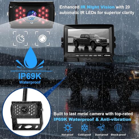 نظام النسخ الاحتياطي RV اللاسلكي ذو 3 كاميرات، كاميرا احتياطية RV لاسلكية مع شاشة HD 7 بوصات للشاحنة، شاشة مقسمة 4 قنوات، تنبيه BSD، نطاق إشارة 984FT، رؤية ليلية بالأشعة تحت الحمراء مقاومة للماء IP69K، خطوط توجيه DIY in Kuwait