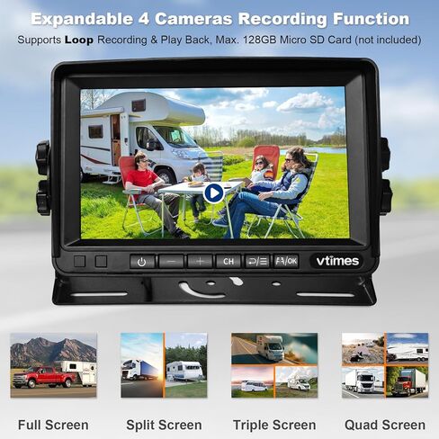 نظام النسخ الاحتياطي RV اللاسلكي ذو 3 كاميرات، كاميرا احتياطية RV لاسلكية مع شاشة HD 7 بوصات للشاحنة، شاشة مقسمة 4 قنوات، تنبيه BSD، نطاق إشارة 984FT، رؤية ليلية بالأشعة تحت الحمراء مقاومة للماء IP69K، خطوط توجيه DIY in Kuwait