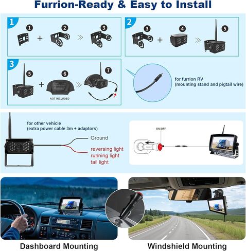 نظام النسخ الاحتياطي RV اللاسلكي ذو 3 كاميرات، كاميرا احتياطية RV لاسلكية مع شاشة HD 7 بوصات للشاحنة، شاشة مقسمة 4 قنوات، تنبيه BSD، نطاق إشارة 984FT، رؤية ليلية بالأشعة تحت الحمراء مقاومة للماء IP69K، خطوط توجيه DIY in Kuwait
