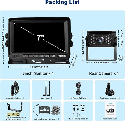 نظام النسخ الاحتياطي RV اللاسلكي ذو 3 كاميرات، كاميرا احتياطية RV لاسلكية مع شاشة HD 7 بوصات للشاحنة، شاشة مقسمة 4 قنوات، تنبيه BSD، نطاق إشارة 984FT، رؤية ليلية بالأشعة تحت الحمراء مقاومة للماء IP69K، خطوط توجيه DIY in Kuwait