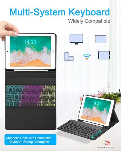 Case with Keyboard and Mouse for iPad 6th/5th Generation Air 1 2 Pro 9.7inch,7 Color Rainbow Backlight Detachable USB-C Keyboard Magnetic Case with Pen Slot for iPad 2018 2017 Purple+Mouse in Kuwait