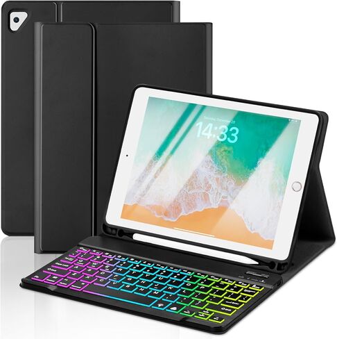 Case with Keyboard and Mouse for iPad 6th/5th Generation Air 1 2 Pro 9.7inch,7 Color Rainbow Backlight Detachable USB-C Keyboard Magnetic Case with Pen Slot for iPad 2018 2017 Purple+Mouse in Kuwait