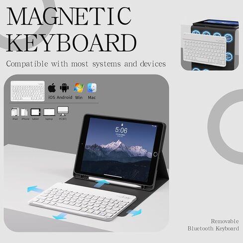 حافظة لجهاز iPad الجيل التاسع/الثامن/السابع مع لوحة مفاتيح مقاس 10.2 بوصة 2021/2020/2019، لوحة مفاتيح قابلة للفصل بإضاءة خلفية بـ 7 ألوان، غطاء حامل خلفي ناعم من مادة TPU مع فتحات قلم رصاص، أبيض in Kuwait