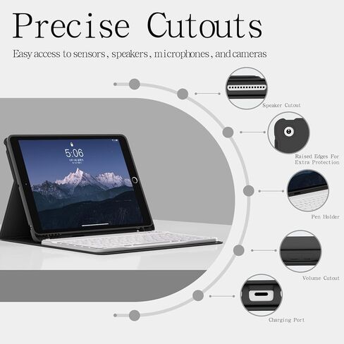 حافظة لجهاز iPad الجيل التاسع/الثامن/السابع مع لوحة مفاتيح مقاس 10.2 بوصة 2021/2020/2019، لوحة مفاتيح قابلة للفصل بإضاءة خلفية بـ 7 ألوان، غطاء حامل خلفي ناعم من مادة TPU مع فتحات قلم رصاص، أبيض in Kuwait
