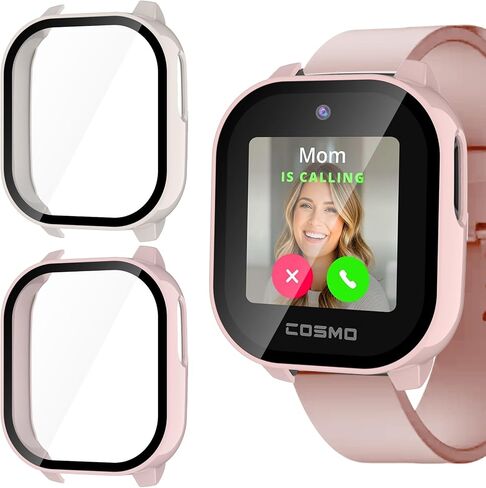 Case for Cosmo Jr Track 5 Screen Protector, 2-Pack Hard PC Cover HD Tempered Glass Case Anti-scratch Full Protection Shell for Cosmo JrTrack 5 Kids Smart Watch (Pink+Cream) in Saudi Arabia
