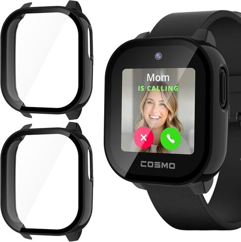 Case for Cosmo Jr Track 5 Screen Protector, 2-Pack Hard PC Cover HD Tempered Glass Case Anti-scratch Full Protection Shell for Cosmo JrTrack 5 Kids Smart Watch (Pink+Cream) in Saudi Arabia