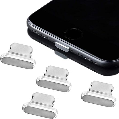 Anti Dust Plug Metal Covers Compatible with iPhone17 16 15 14 13 12 11 X XS XR 8 7 SE Mini Plus Pro Max iPad AirPods 4 Pack, Lightning Charging Port Charm Dust Protector with Plug Holder (Silver) in Saudi Arabia