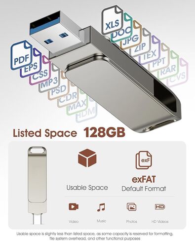 محرك أقراص USB 3.2 Gen 1 Type-C مزدوج سعة 128 جيجابايت، محرك أقراص USB-C فلاش معدني بتصميم دوار، فضي in Saudi Arabia